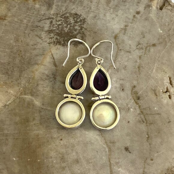 Sterling Silver 925 Pear Shaped Amethyst Hinged White Coin Pearl Dangle Earrings - Picture 7 of 16